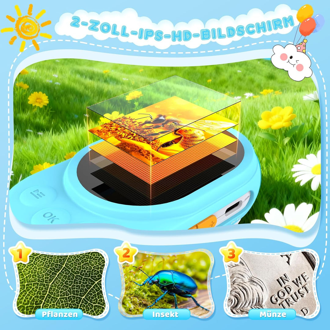Mikroskop für Kinder - Digital Lupe Kinder mit 2-Zoll LCD HD Bildschirm, Handy Kinderkamera Microsco