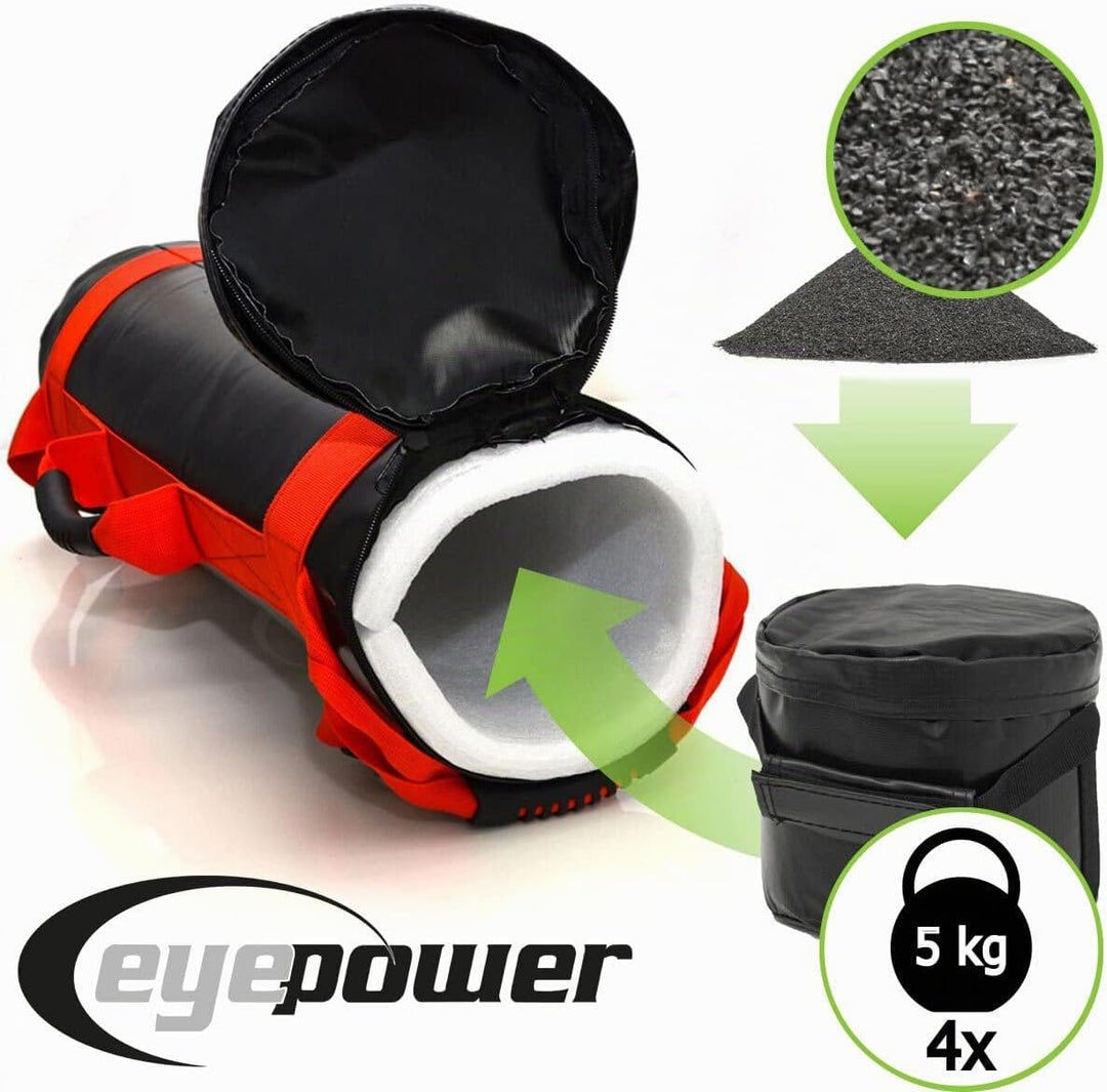 eyepower 20kg Profi Power Bag + 4 Wasserdichte Kettlebell Gewichte mit Eisensand - Besser als Geräte