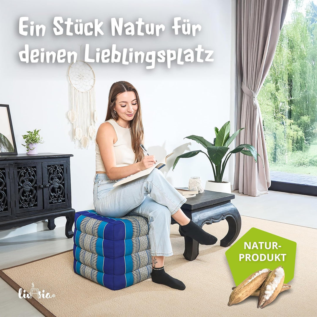 livasia Würfelkissen quadratisch, Sitzhocker mit organischem Kapok, Sitzpouf, Lagerungswürfel vierec