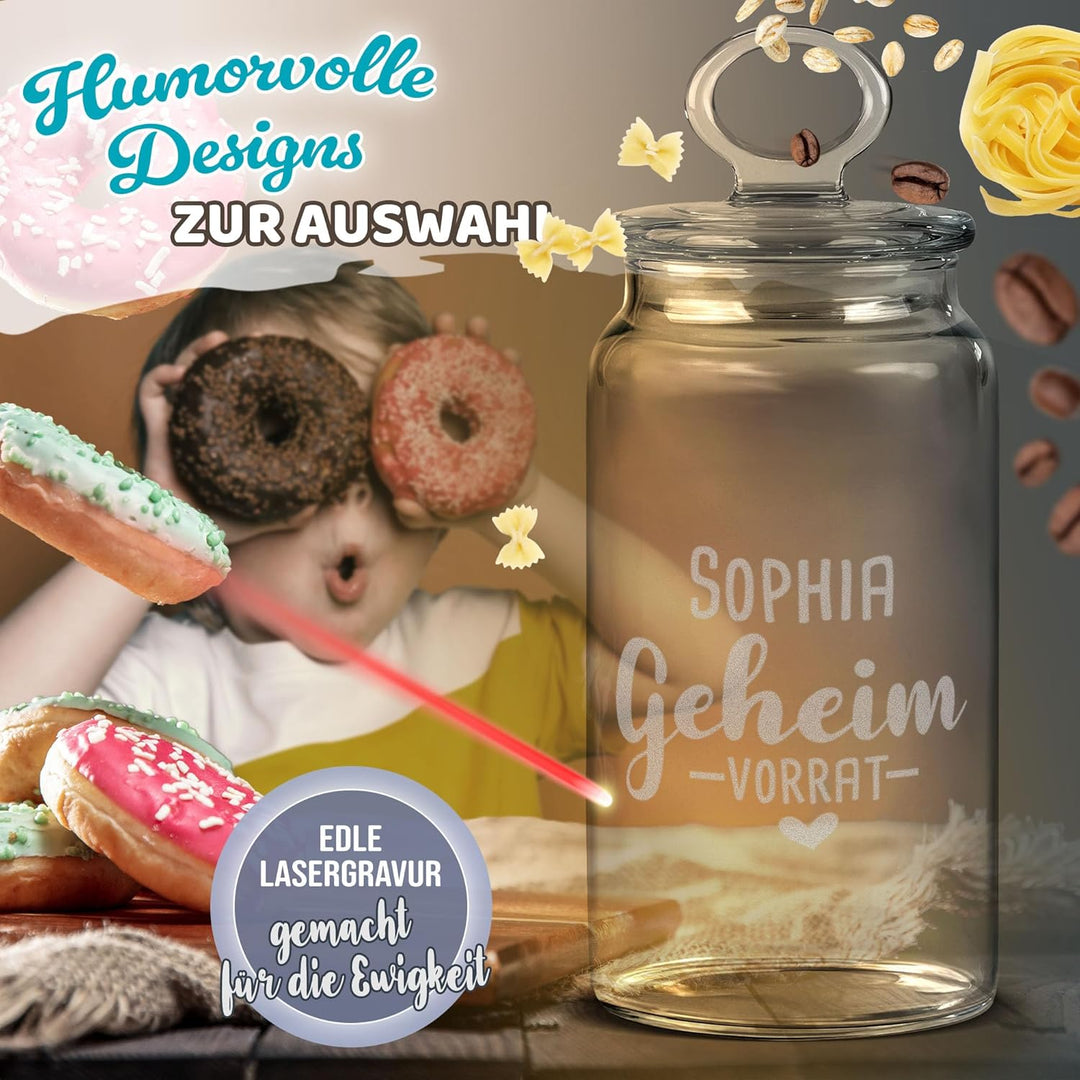 Print Royal PR Personalisierte Keksdose aus Glas mit Gravur - 1100 ml - Geheim-Vorrat mit Name selbs