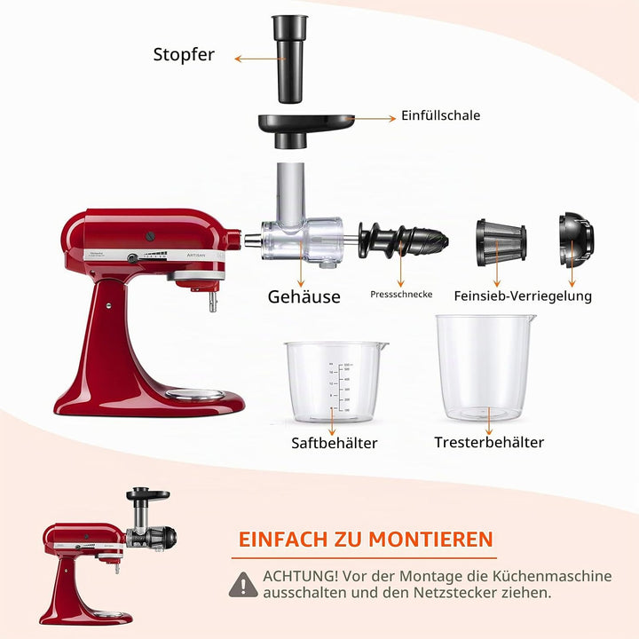 Gdrtwwh Entsafter Aufsatz für KitchenAid Ständermixer,Slow Juicer Zitrussaftpresse Zubehör, Kau-Ents
