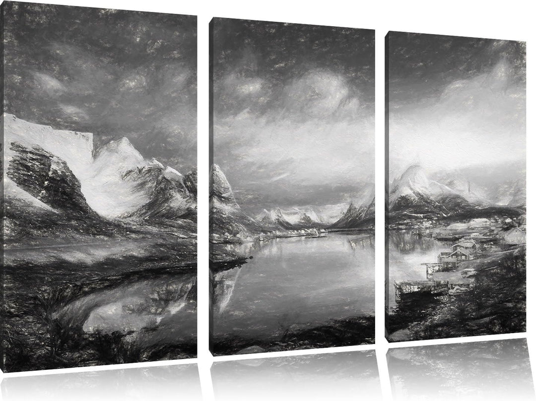 Pixxprint Schneelandschaft in einem Dorf in Norwegen Kunst Kohle Effekt 3-Teiler Leinwandbild 120x80