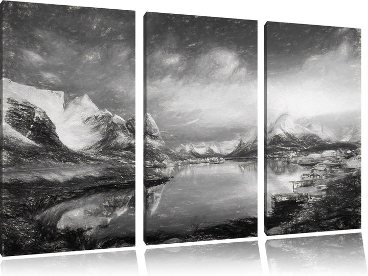 Pixxprint Schneelandschaft in einem Dorf in Norwegen Kunst Kohle Effekt 3-Teiler Leinwandbild 120x80
