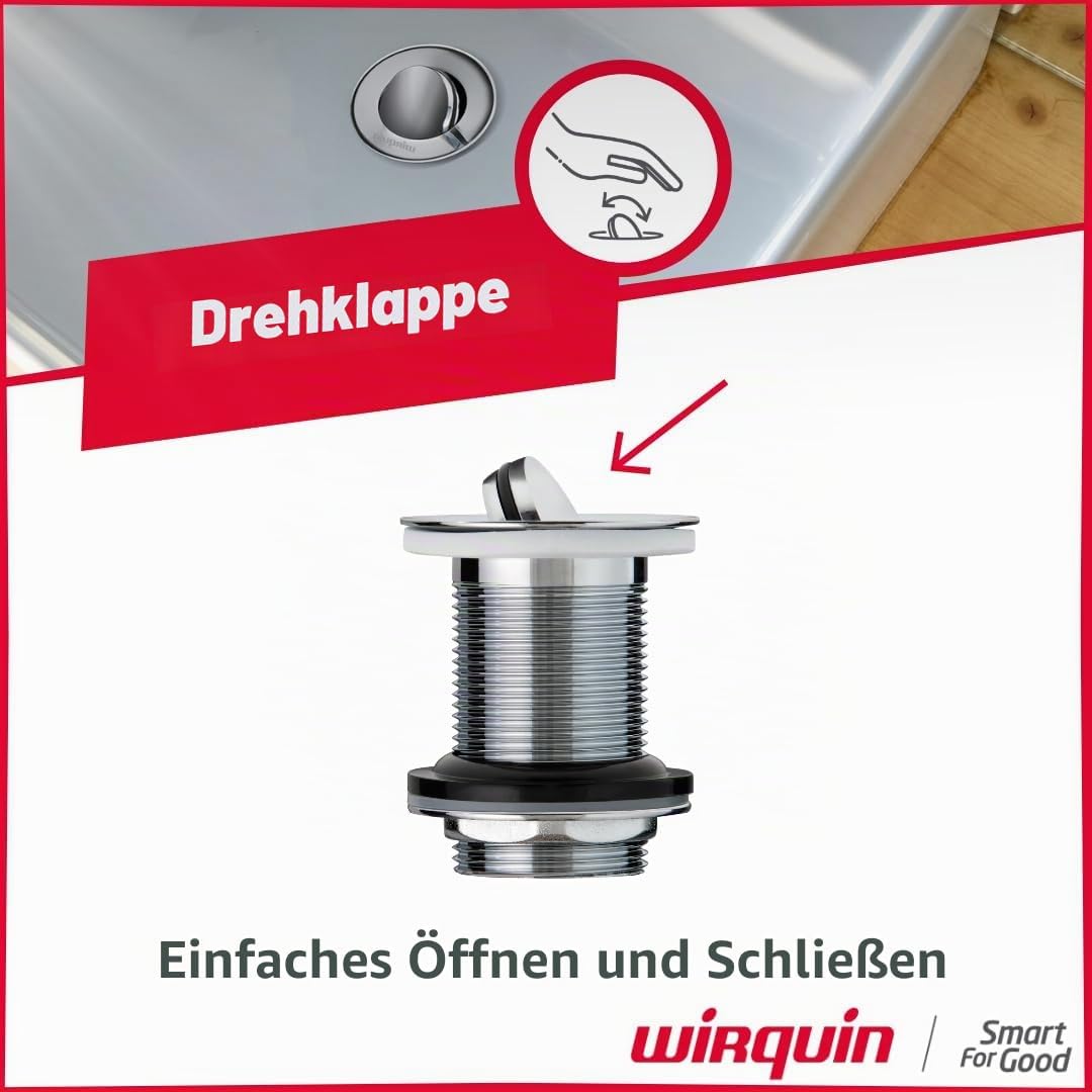 Wirquin 30723428 Waschbecken-Ablaufgarnitur, Messing, drehbarer Ventil, 75 mm, ohne Überlauf