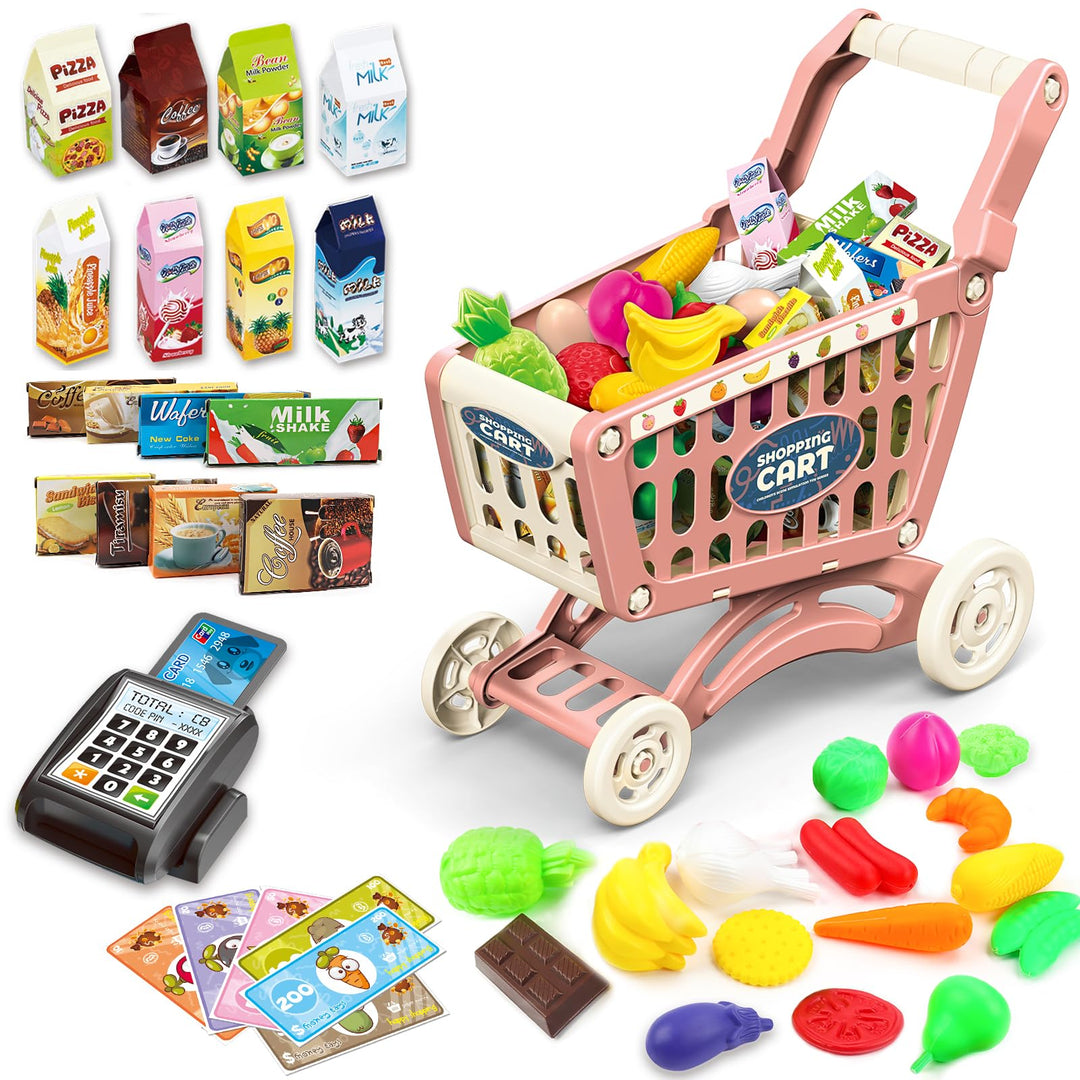 deAO Kinder Einkaufswagen Wagen für Lebensmittel Kleinkinder 65 Lebensmittel Obst Gemüse Pretend Pla
