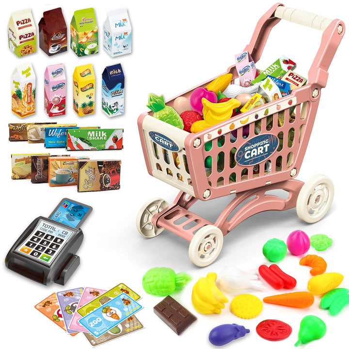 deAO Kinder Einkaufswagen Wagen für Lebensmittel Kleinkinder 65 Lebensmittel Obst Gemüse Pretend Pla