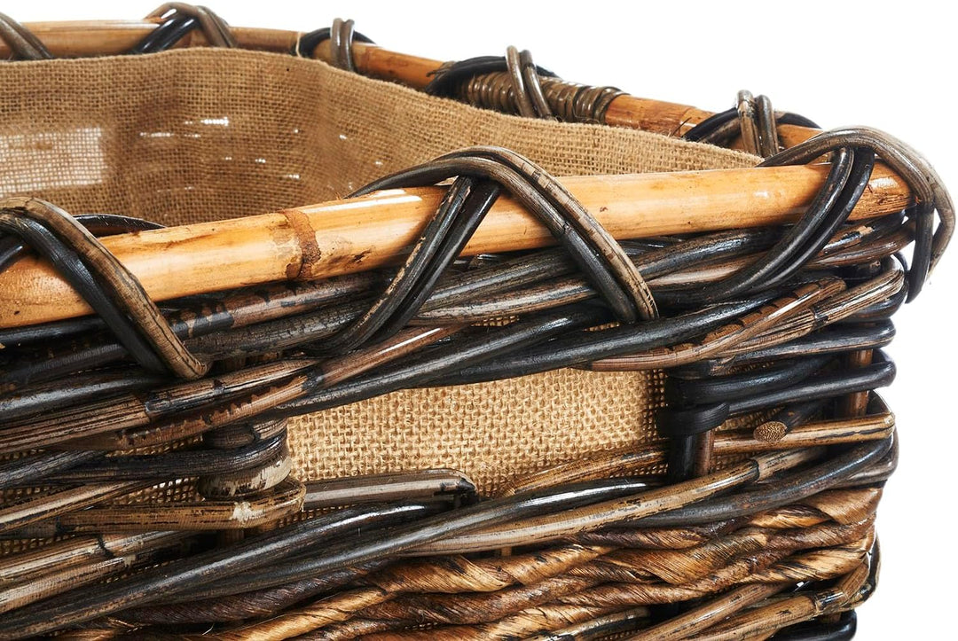 Kobolo Holztrage Holzkorb für Kaminholz eckig - Rattan und Bananenblatt - mit Jutestoff ausgestattet