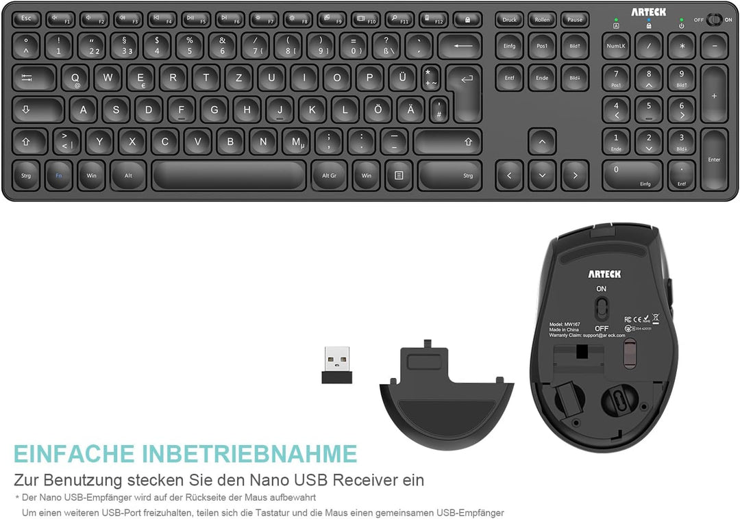 Arteck 2.4G Kabellose Tastatur und Maus kombination Ultra dünne Full Size Tastatur Tastatur und ergo