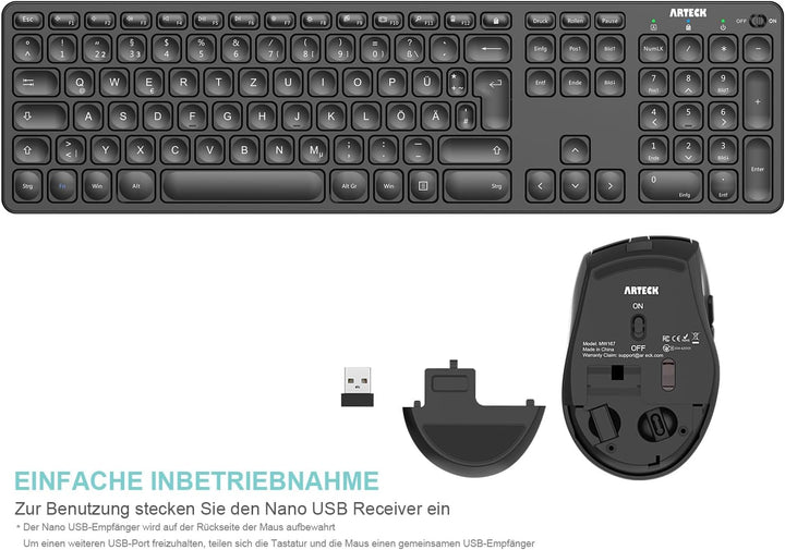 Arteck 2.4G Kabellose Tastatur und Maus kombination Ultra dünne Full Size Tastatur Tastatur und ergo