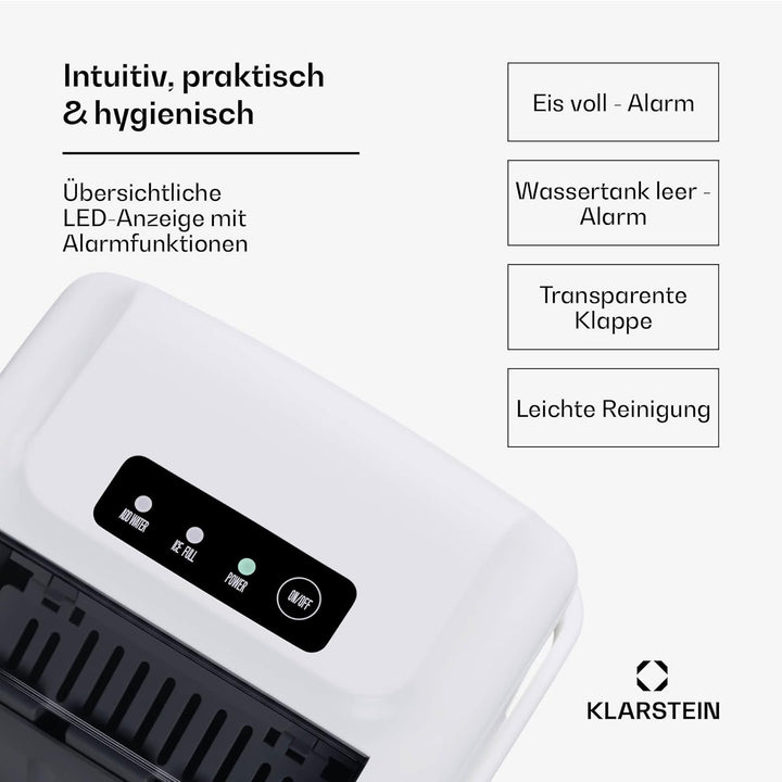 Klarstein Eiswürfelmaschine - 12kg/24h, 2 Grössen, 1,3L Wassertank, LED-Anzeigen, transparenter Deck