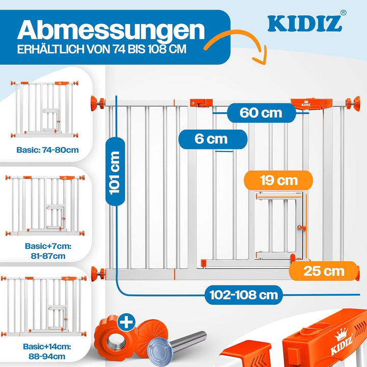 KIDIZ Absperrgitter zum Klemmen mit Katzenklappe, Türschutzgitter, Autoclose Kinder Treppengitter oh