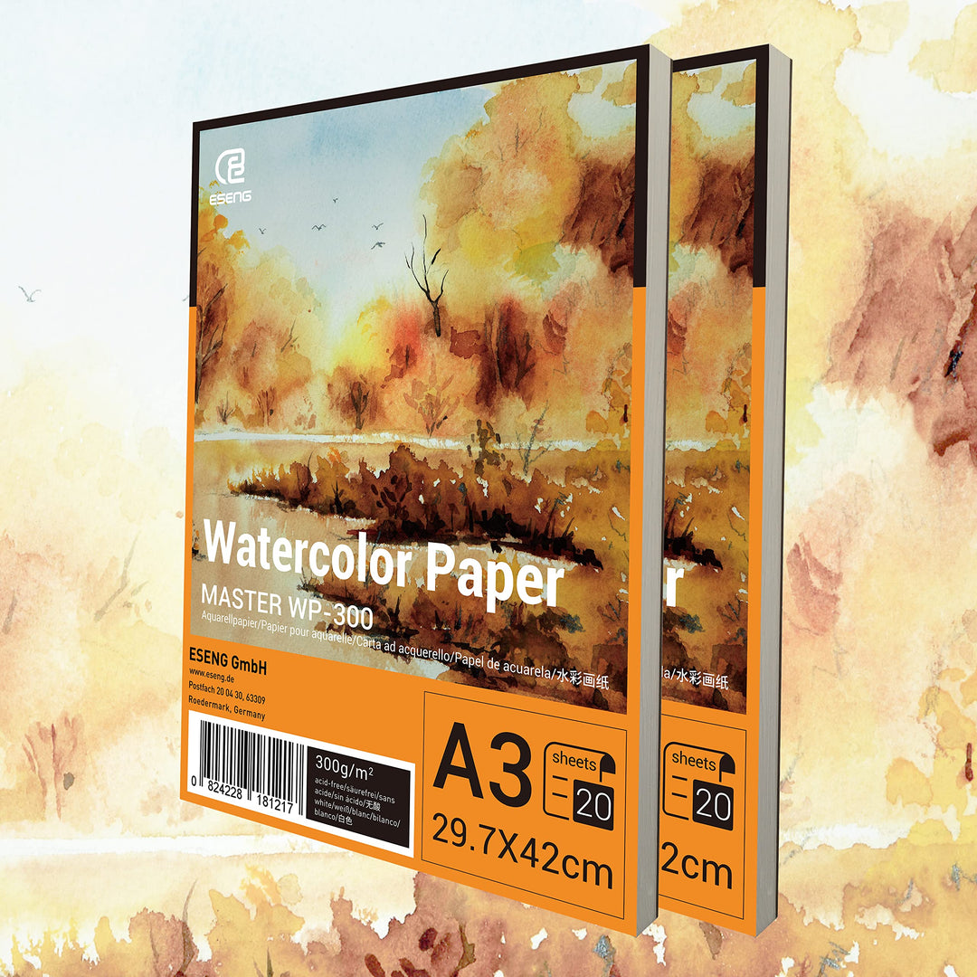 ESENG® Premium Aquarellpapier A3-2x20 Blätte/Block - 300GSM - Weiss, Aquarellblock, Malblock Papier
