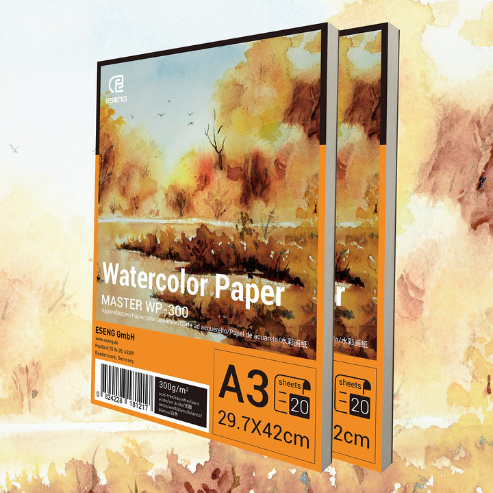 ESENG® Premium Aquarellpapier A3-2x20 Blätte/Block - 300GSM - Weiss, Aquarellblock, Malblock Papier
