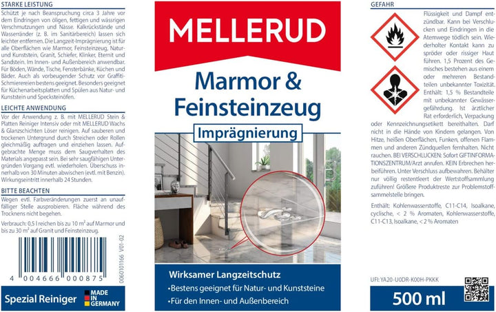 MELLERUD Marmor & Feinsteinzeug Imprägnierung | 1 x 0,5 l | Effizientes Mittel zum Schutz vor Versch