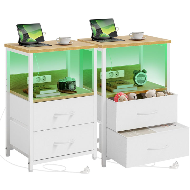 Rolanstar Nachttisch mit Ladefunktion, Beistelltisch mit LED-Leuchten, 2 Stoffschubladen & 3-stufige