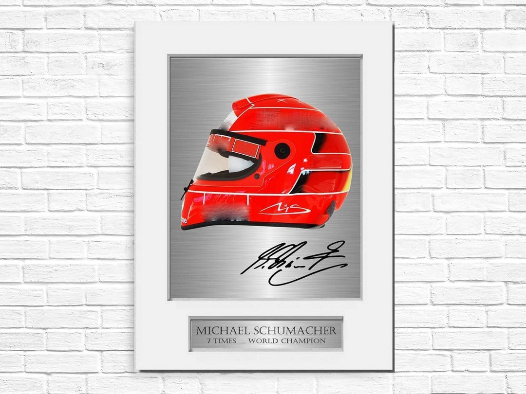 Michael Schumacher 7 Mal Weltmeister Helm-Poster, signiertes Foto, Passepartout, A4