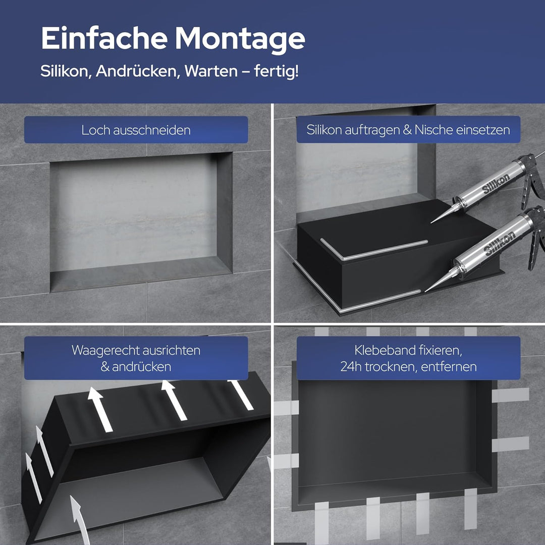 VILSTEIN Wandnische Dusche 30x30 cm [ROSTFREI] - Randlose Duschnische - Wandnische Schwarz - Einbaur