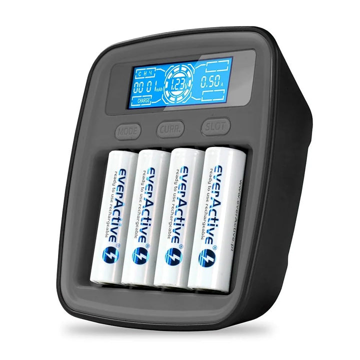 everActive Ladegerät für NI-MH, NI-Cd, 1-4x R6/AA, R03/AAA, professionell und schnell, USB-C NI-MH p