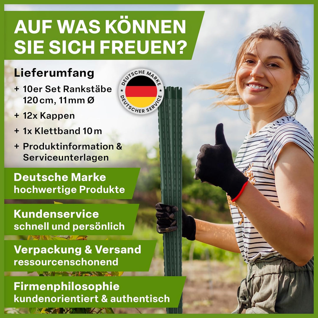 TTL GARDEN Rankstäbe 10er Set 120cm x 11mm Ø grün - Rankhilfe Pflanzstäbe + Klettband - Stahl rostfr