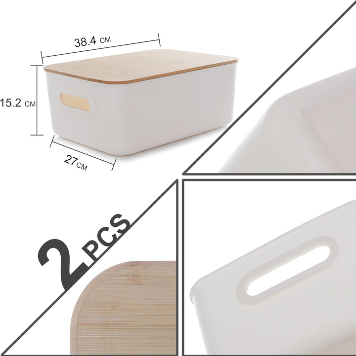 Kerhouze 2 PCS Aufbewahrungsbox mit Bambus Deckel Weiss Aufbewahrungsbox Kunststoff Plastik Box für