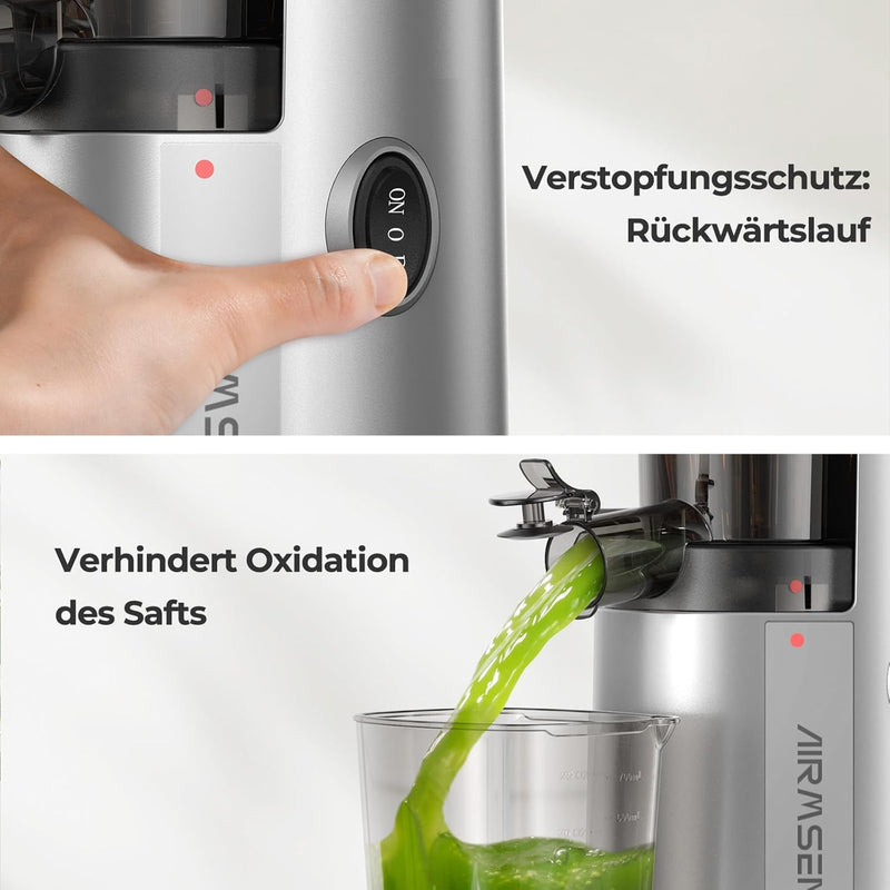 AIRMSEN Slow Juicer, Entsafter Gemüse und Obst mit 82mm Grossem Einfüllöffnung für ganze Früchte ent