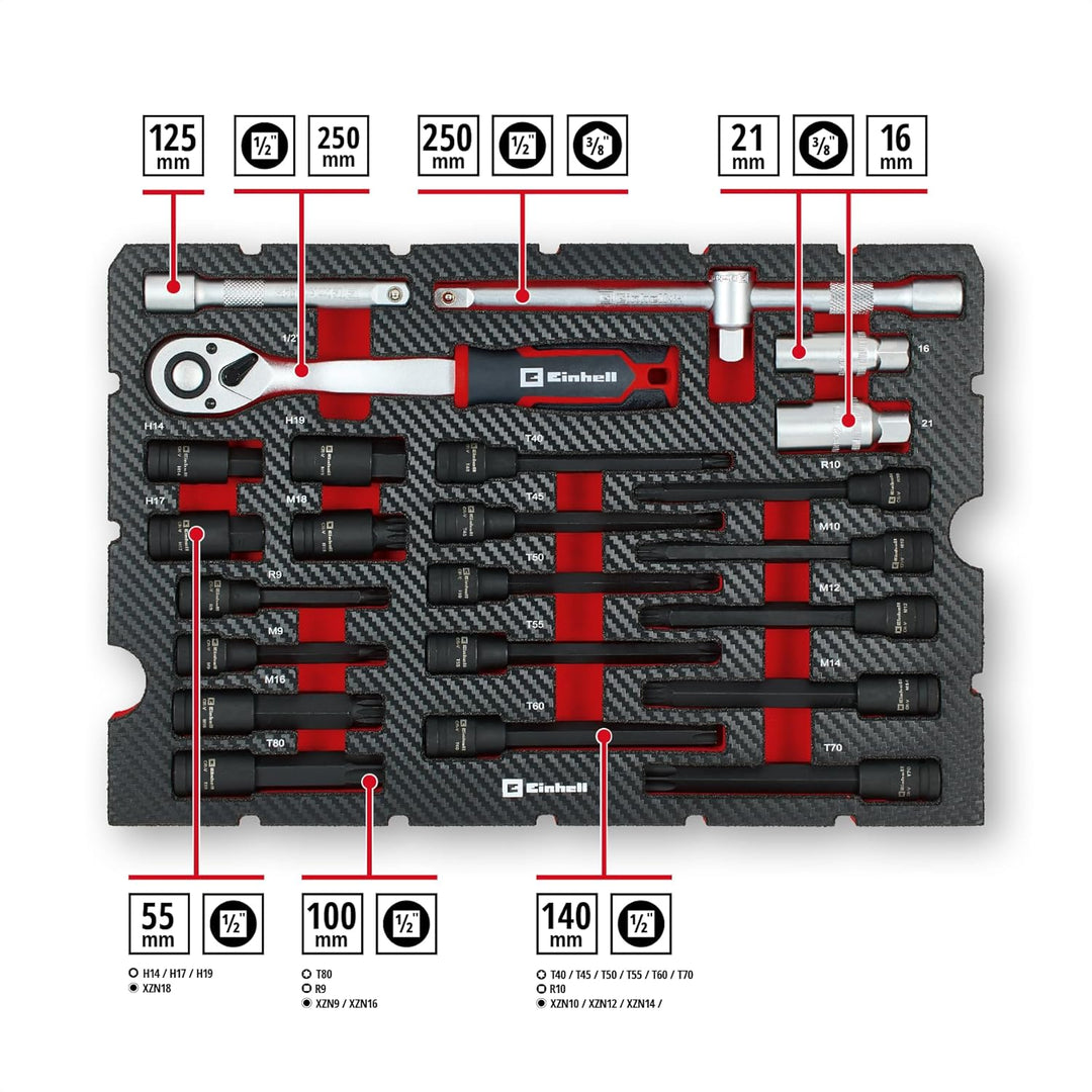 Original Einhell Werkzeugkoffer KFZ E-Case 121-tlg. (KFZ-Profi, Impact-Stecknüsse, Spezialbits, Zünd
