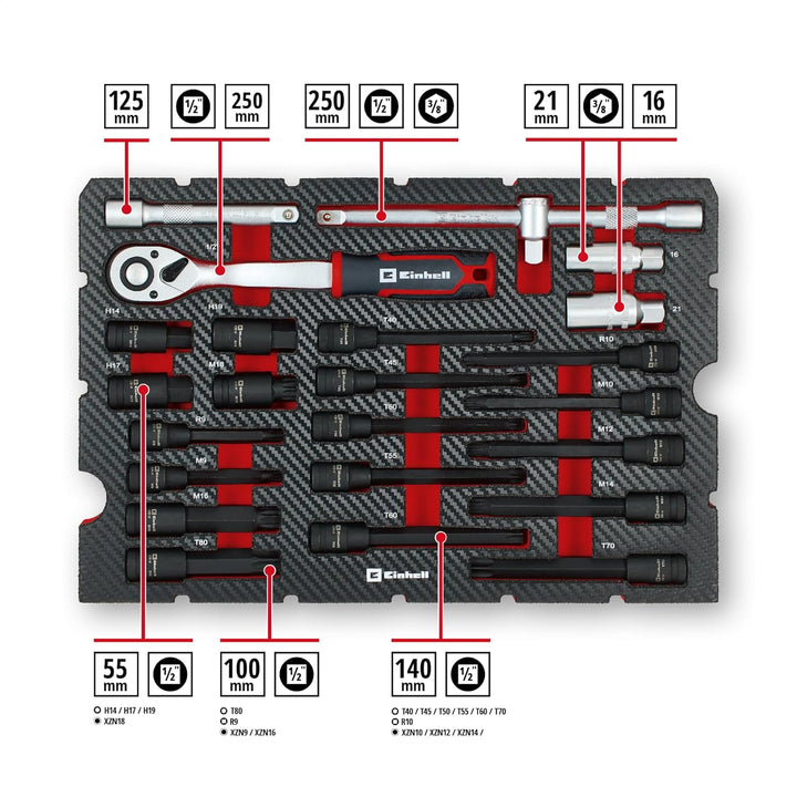 Original Einhell Werkzeugkoffer KFZ E-Case 121-tlg. (KFZ-Profi, Impact-Stecknüsse, Spezialbits, Zünd
