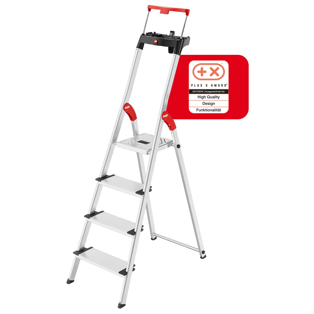 Hailo L85 ComfortLine Alu-Sicherheits-Stehleiter - 4 XXL-Stufen belastbar bis 150 kg - Tiefe Standfl