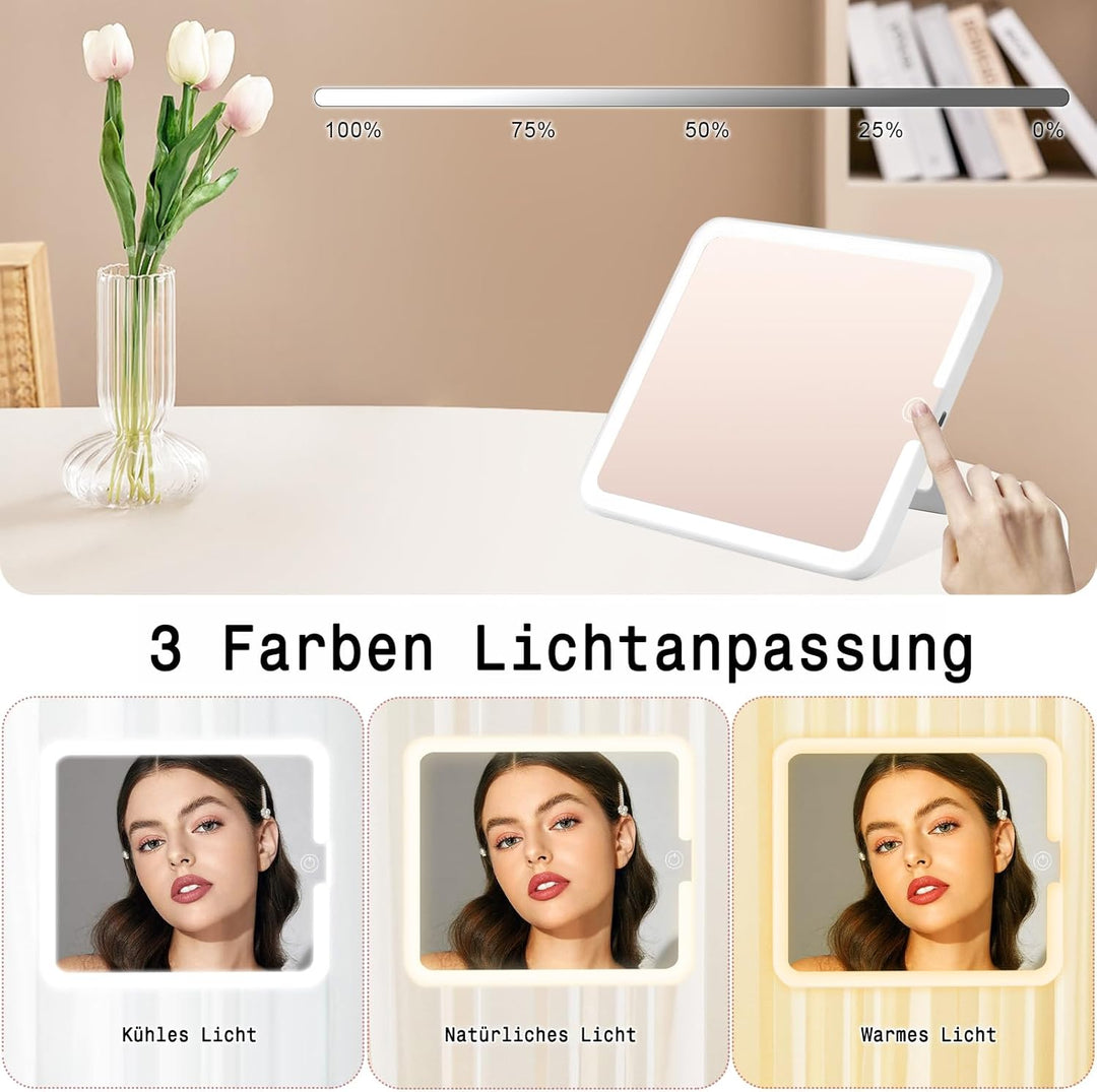 Make up Tasche mit Spiegel，Travel Makeup Bag mit 1/10x Spiegel und 3 Farbe Licht，Make up Organizer T