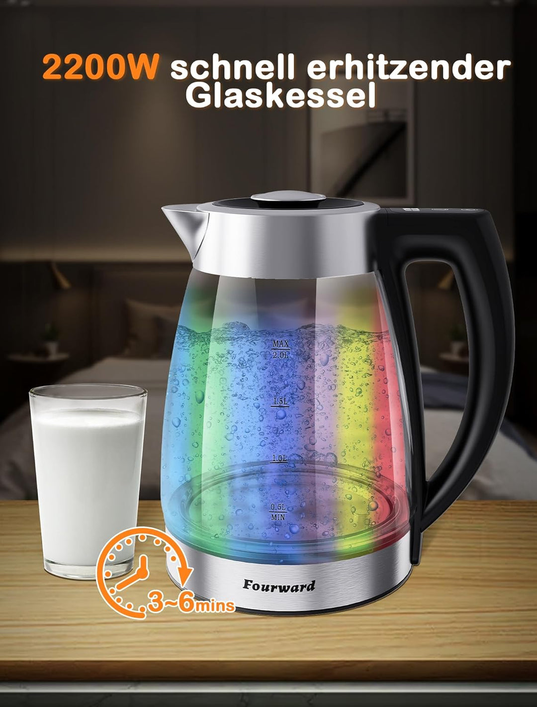Fourward Wasserkocher – 2.0L 2200Wall Glas Kettle mit Temperaturwahl, BPA frei, Digitale Temperatura
