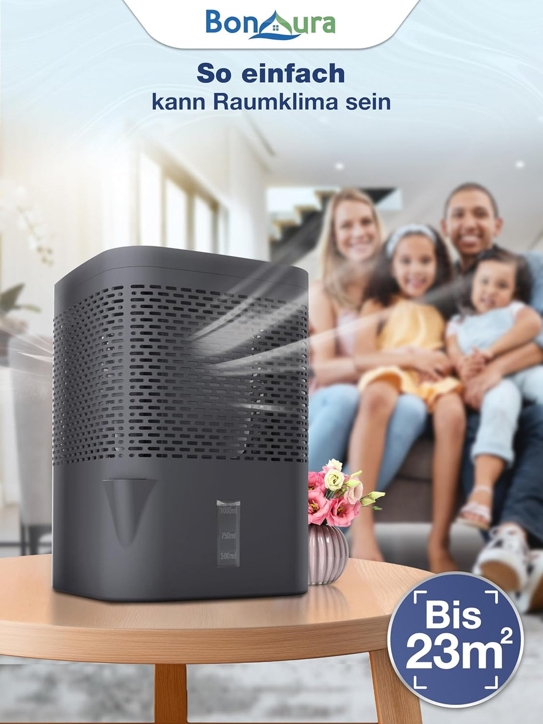 BonAura® AirOne Luftentfeuchter ohne Strom mit 360° Belüftung I Raumentfeuchter mit Ausgiesser & 680