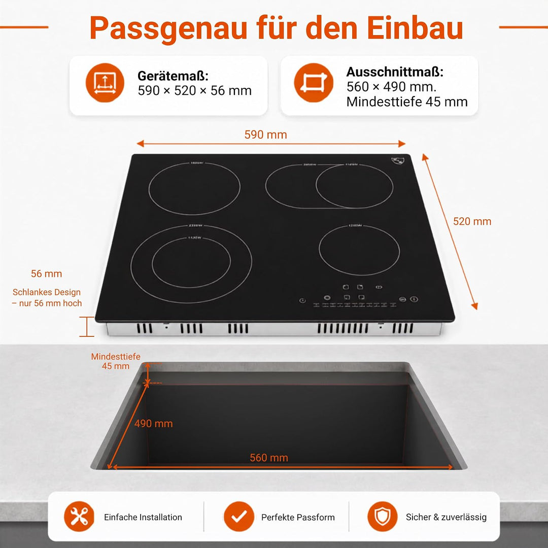K&H® 4 Zonen Glaskeramikkochfeld 59cm Elektro Autark Eingebaut NC-7206