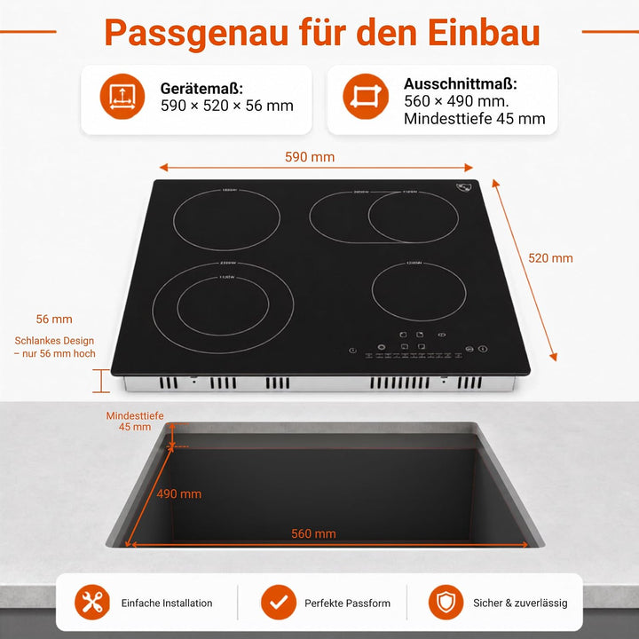 K&H® 4 Zonen Glaskeramikkochfeld 59cm Elektro Autark Eingebaut NC-7206