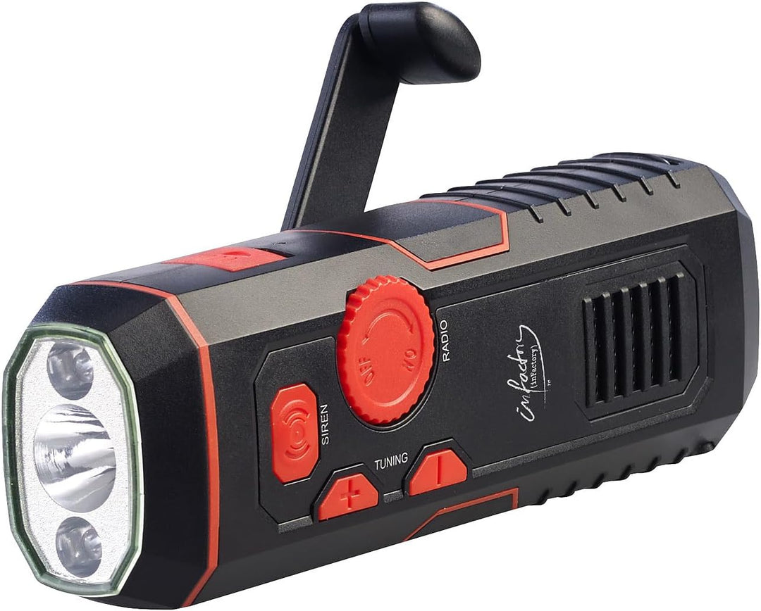 infactory Radio mit Kurbel: Dynamo-FM-Radio und Taschenlampe mit 120-dB-Sirene, USB-Ladefunktion (So