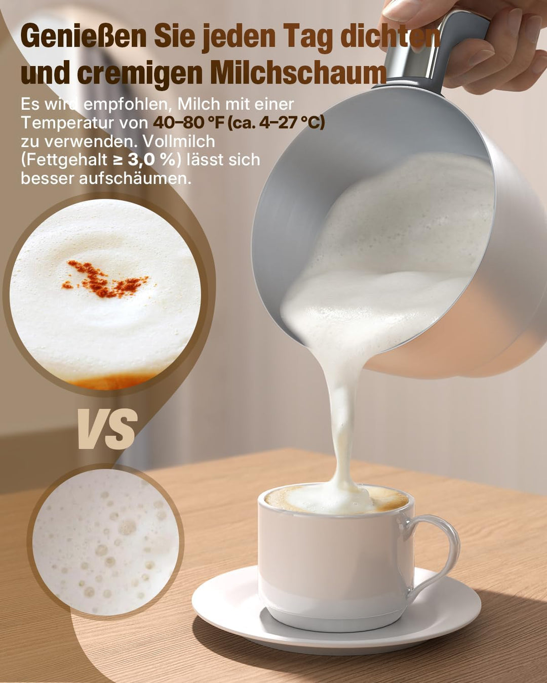 Milchaufschäumer Elektrisch 6 in 1, 500 ML Heisser & kalter Milchschaum, 630W Milchschäumer aus Edel