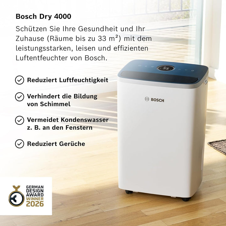 Bosch Dry 4000 Luftentfeuchter - Einfach. Effizient. Leise. - Für Räume bis zu 33 m² - Ideal für Dei
