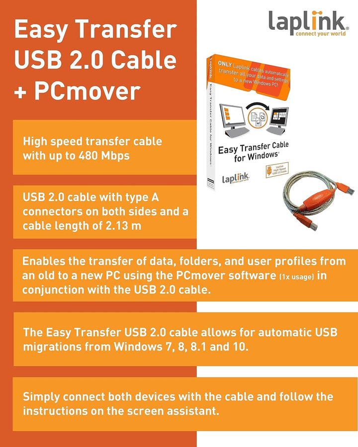LAPLINK Easy Transfer USB 2.0 High Speed Kabel & PCmover – 480 Mbps USB Transferkabel inkl. Software