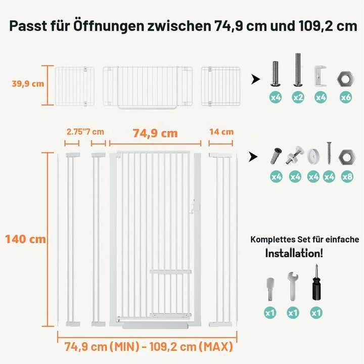 COMOMY 180 cm Extra Hoch Türgitter Katze/Hund, 75-110 cm Extra Breit Türschutzgitter mit Verstellbar