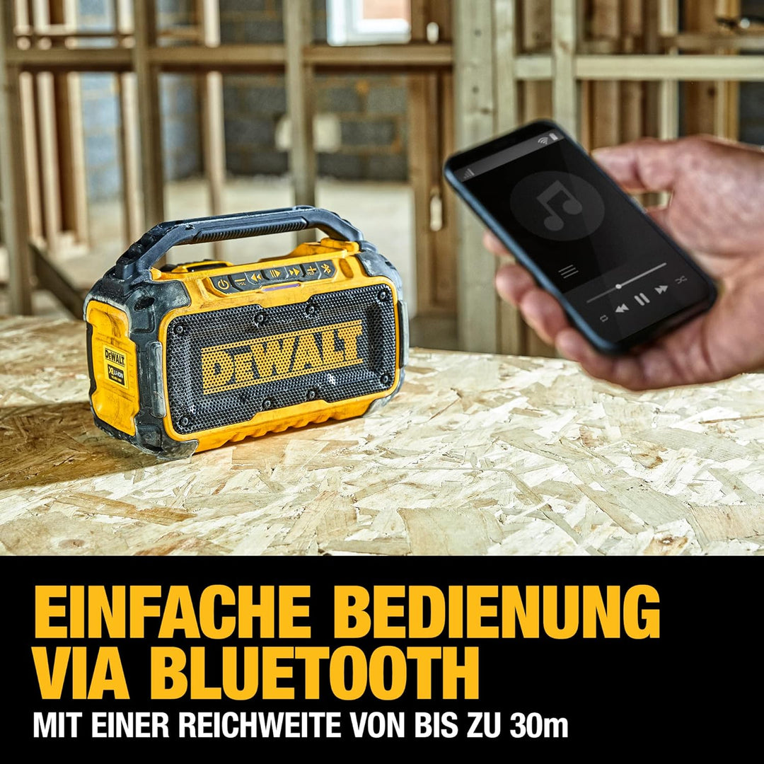 Dewalt Bluetooth Akku-Lautsprecher DCR011 (Stereo, extrem robust, mit Überrollbügel, AUX-Eingang 3,5
