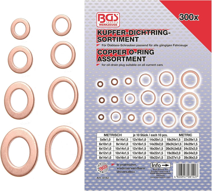 BGS 8142 | Dichtring-Sortiment | 300-tlg. | Kupfer | inkl. Sortimentskasten | Kupferringe | Kupfer-D