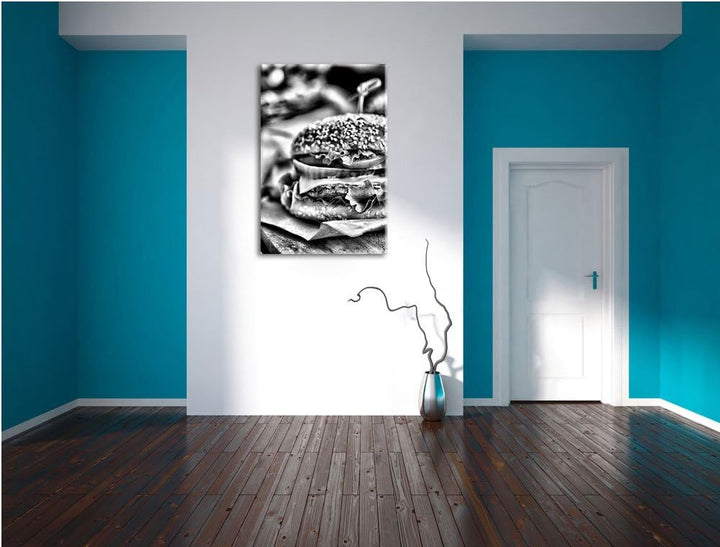 Pixxprint Monocrome, Leckerer Burger und Pommes, Format: 100x70 auf Leinwand, riesige Bilder fertig