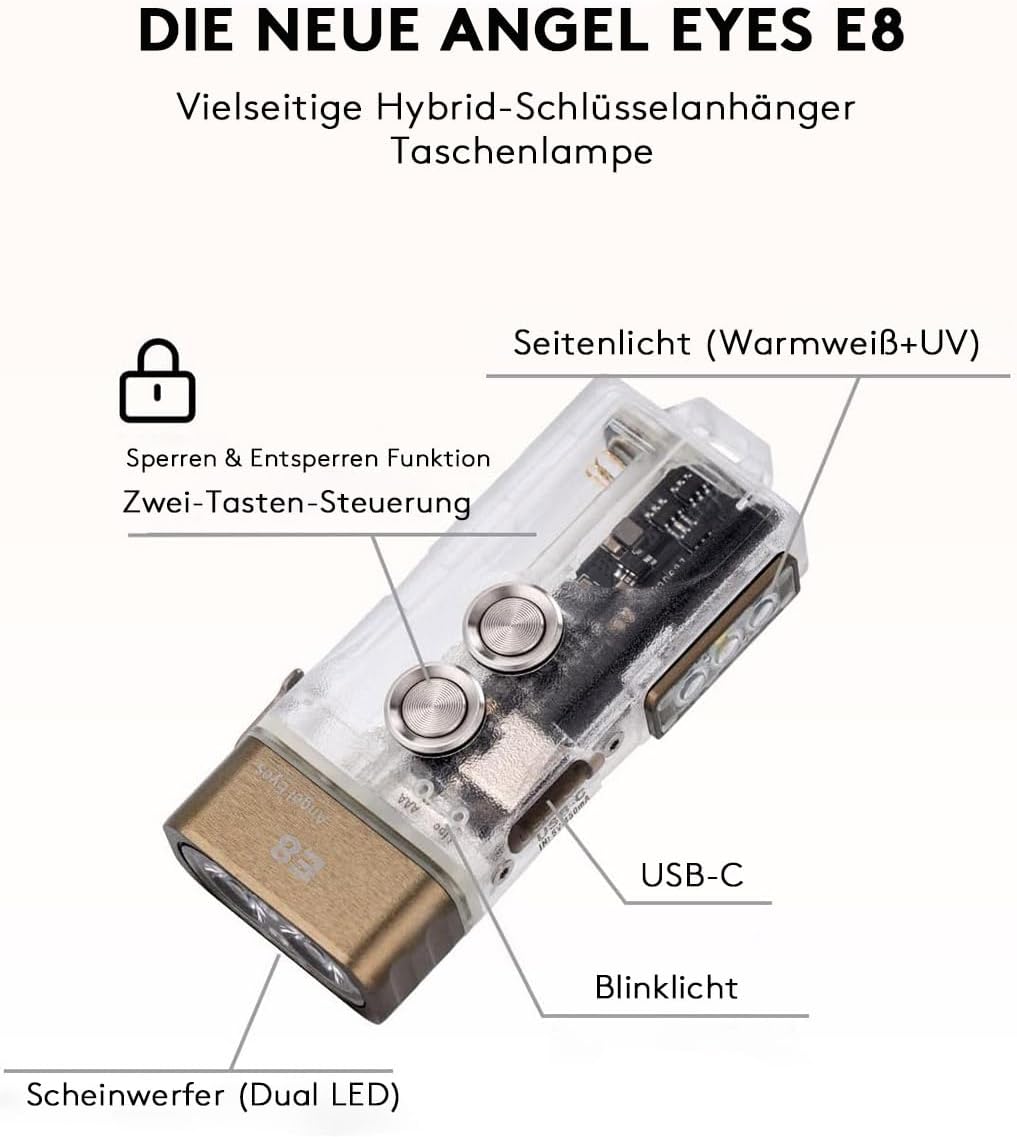 RovyVon E8 EDC Taschenlampe USB C Wiederaufladbar, Multifunktions Taschenlampe 4000K Hoher CRI, 500