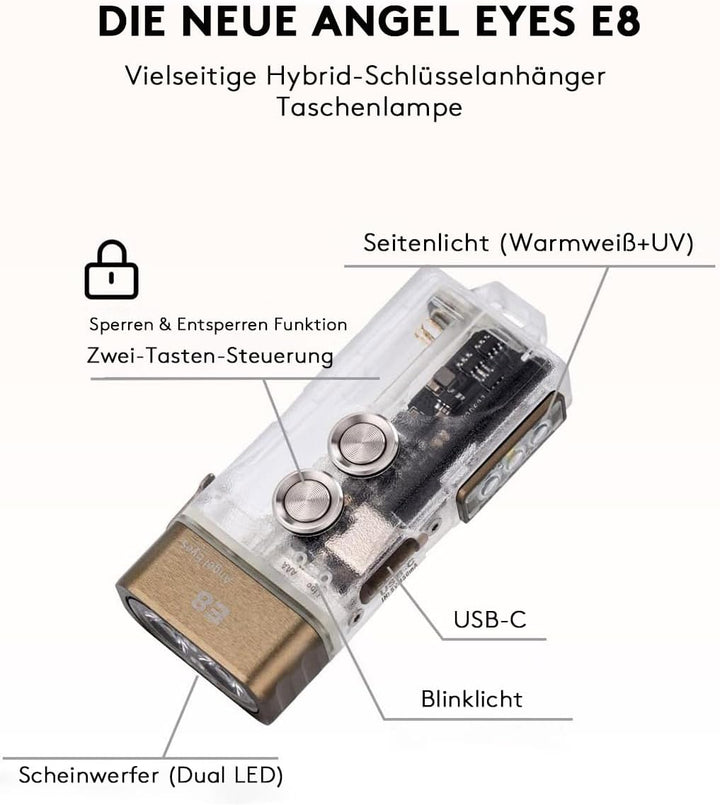 RovyVon E8 EDC Taschenlampe USB C Wiederaufladbar, Multifunktions Taschenlampe 4000K Hoher CRI, 500
