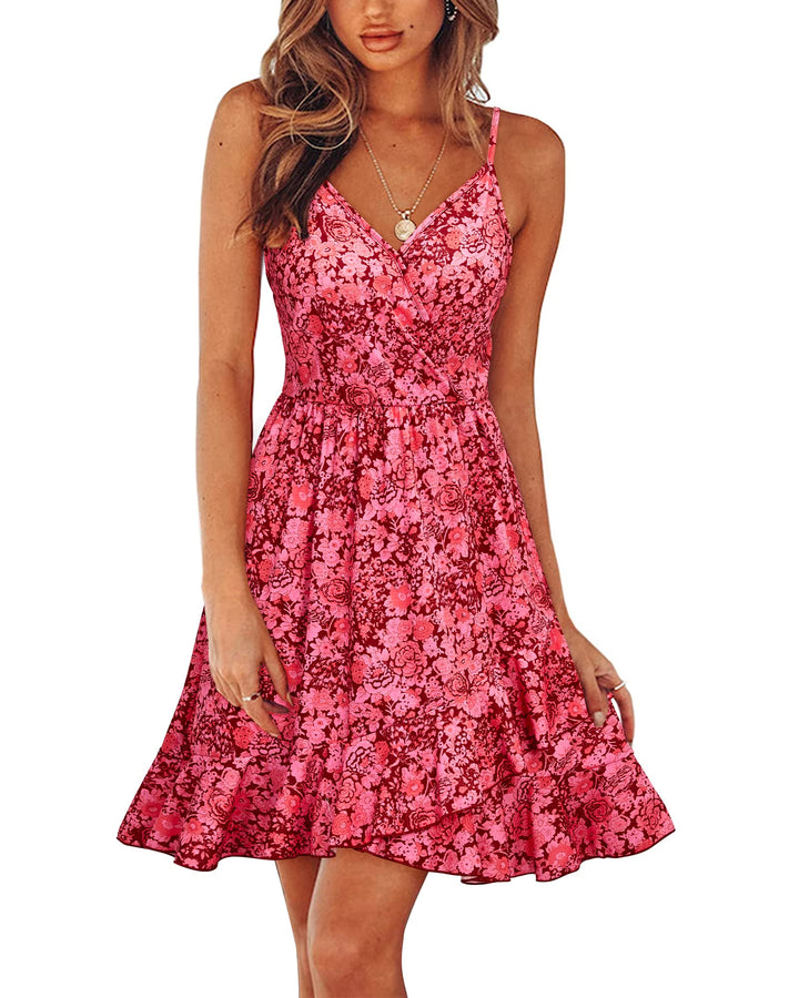 ULTRANICE Damen Sommerkleider Blumenmuster Kleid V-Ausschnitt Strandkleid Verstellbaren Spaghettiträ