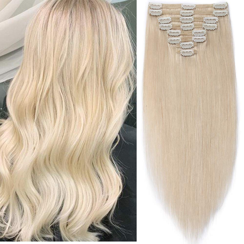 SEGO Clip in Extensions Echthaar Haarverlängerung Haarteil Doppelt 8 Tressen hitzebeständig glatt Pl