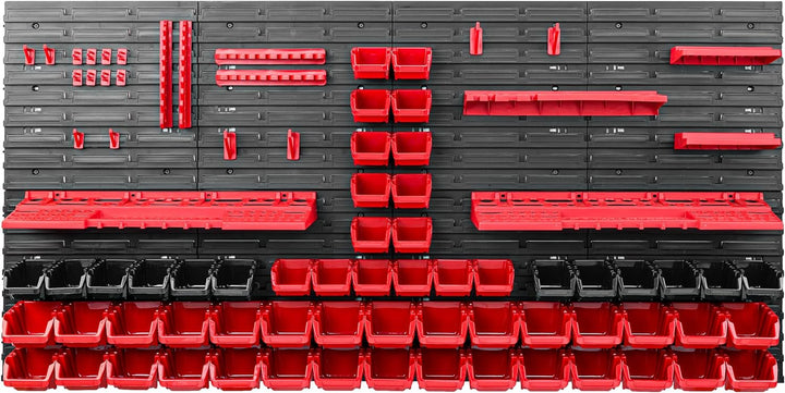 Lagersystem Werkstattregal | 156 x 78 cm | 58 stck. Box | Wandregal mit Werkzeughalterungen und Stap