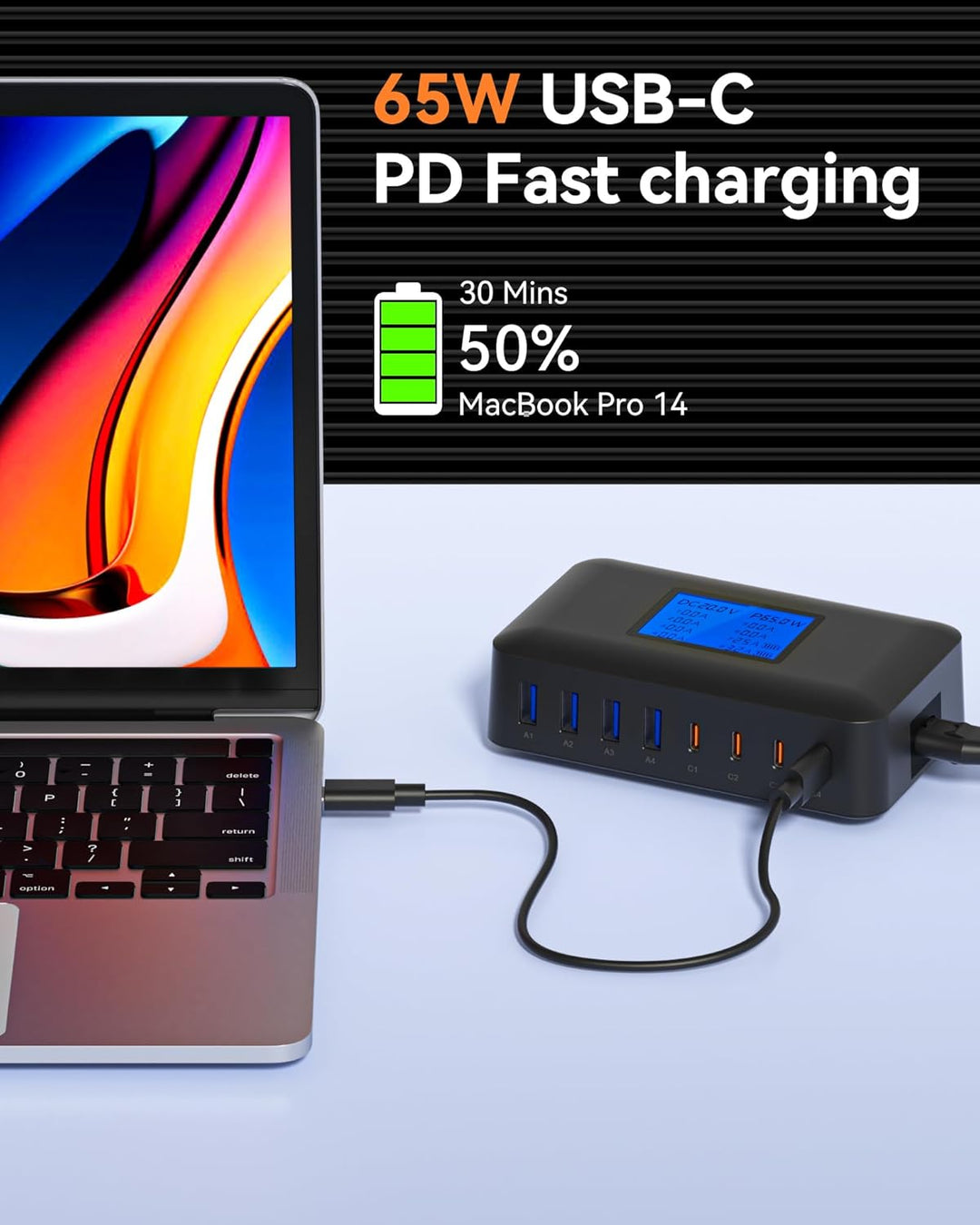 200W USB C Ladegerät Mehrfach – 8-Port USB C Netzteil, USB Ladestation mit LCD Bildschirm, PD 65W Sc