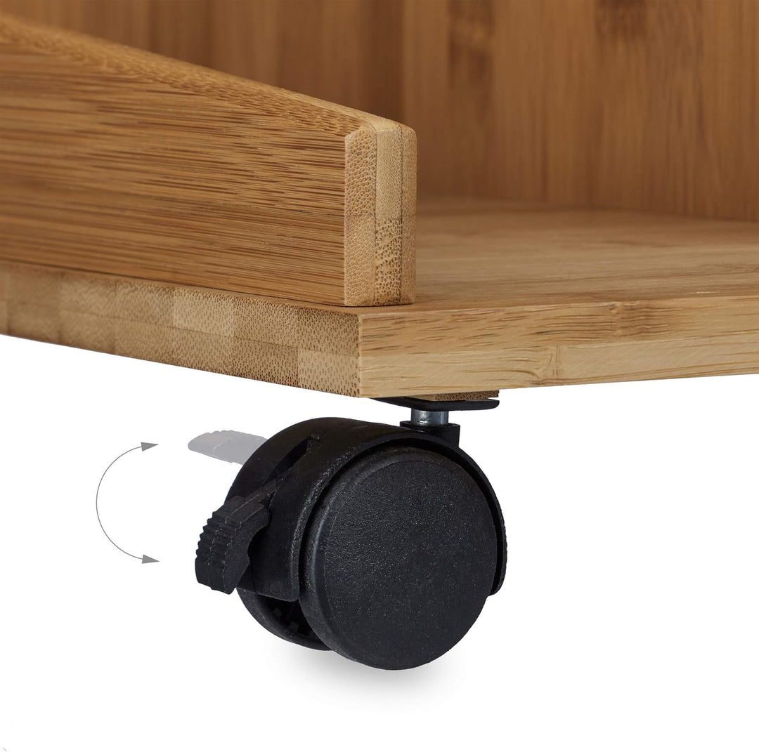Relaxdays Beistelltisch mit Rollen ROLLI Bambus, Schublade, 2 Ablagen für Bücher, HxBxT: ca. 56,5 x
