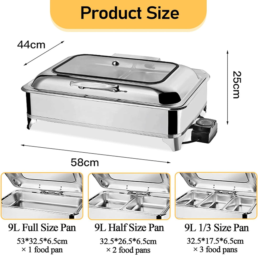 Chafing Dish Elektrisch, 9L Edelstahl Speisewärmer Buffetwärmer mit Sichtbarem Glasdeckel, Kommerzie
