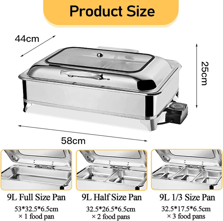 Chafing Dish Elektrisch, 9L Edelstahl Speisewärmer Buffetwärmer mit Sichtbarem Glasdeckel, Kommerzie